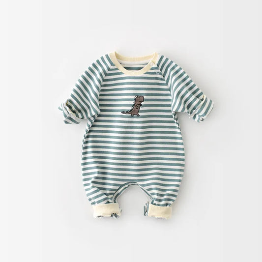 Male And Female Baby Cartoon Striped Dinosaur Embroidery Long-Sleeved Jumpsuit